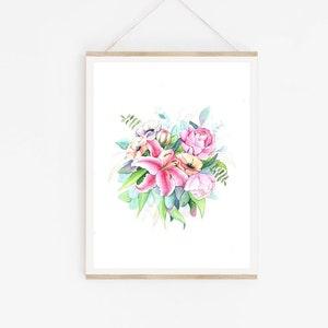 Floral Prints, Pink Bouquet Print, Flower Wall Art, Floral Vintage Print, Peony Flower Print Lily Bouquet Floral Print Wall Art Pink Decor