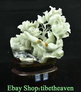 13.2" China Natural Xiu Jade Carving Feng Shui Peony Flower Bird Luck Sculpture