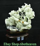 13.2" China Natural Xiu Jade Carving Feng Shui Peony Flower Bird Luck Sculpture