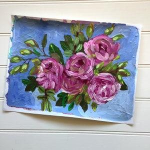 Original Acrylic Painting of Pink Roses on a Blue Background, Romantic Floral Wall Art