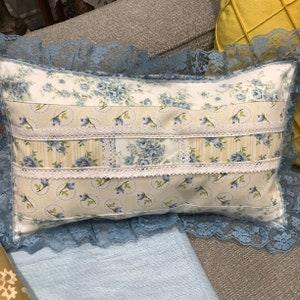 Shabby Chic light blue rose bouquet framed with vintage  lace Handmade Custom Pillow