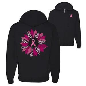 Pink Cheetah Print Breast Cancer Carnation Flower Zip Up Hoodie Sweatshirt