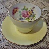 Paragon Yellow Bone China Cup and Saucer Set with a Pink Rose and Mixed Floral Bouquet, Gold Edging, 1960s, Excellent Condition