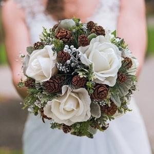 Winter Wedding Bridal Bouquet Evergreens Silver & White Bouquet Pine Cones Real Touch Roses - add Boutonniere Wedding Party Bouquets Corsage