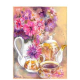 Still life tea set and rose bouquet in a jug original painting watercolor-pastel on pastelmat paper.Christmas gift
