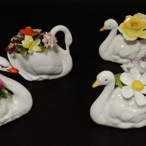 Vintage Swan Planter Floral Bouquets; Fine Bone China; Handcrafted in England; Carnations, Roses, Daisies and Pansies; Early to Mid Century
