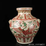 10.2" China Porcelain yuan dynasty red Green colour phoenix peony flower Jar pot