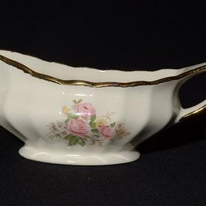 Vintage Sovereign Potters Earthenware gravy boat rose Pink Flowers bouquet gold rim England vintage floral ironstone
