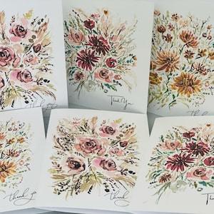 Thank You Wedding Bouquet Leafy Botanical Cards, Watercolour Boho Thank You Cards, Handlettering Thank You Dalia and Roses Wedding Cards