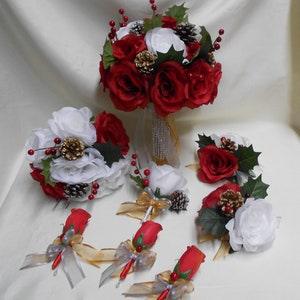 Wedding Bouquet Set Woodland Winter Christmas Silk Flower Bouquet Bridal Red White Roses Pine Cone Red Holly Berries Holiday New