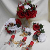 Wedding Bouquet Set Woodland Winter Christmas Silk Flower Bouquet Bridal Red White Roses Pine Cone Red Holly Berries Holiday New