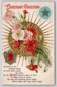 Birthday July Birthstone Ruby Carnation Flower Gilt Postcard R26