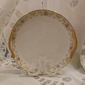 c1921 Antique Noritake Morimura Majestic Cake Plate Pink Rose Bouquet Dark Grey Scroll Blue Flowers Gold Trim Serving Plate