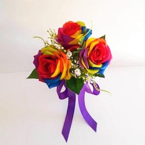 Rainbow Rose Bouquet, Rainbow Rose, Rainbow Toss Bouquet, Multi Color Rose, Silk Flower Rainbow Rose, Choose your Ribbon