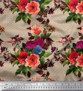 Soimoi Cotton Poplin Fabric Geometric|Leaves & Peony Floral Print-237
