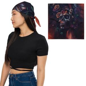 Temporal Blossoms All-over print Bandana. Stunning Roses Bouquets with nestled Skulls, Oil painting finish, warm colors? Boho Gothic style