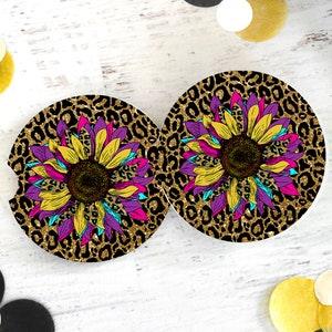 Leopard Sunflower Neoprene Car Coasters-Set of Two,  Leopard Car Coasters, Sunflower Car Coasters, Coffee Coasters