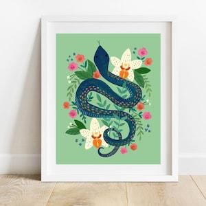 Blue Snake With Orchids Art Print/ 8 X 10 Jungle Animal With Florals Illustration/ Tropical Botanicals Wall Decor/