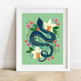 Blue Snake With Orchids Art Print/ 8 X 10 Jungle Animal With Florals Illustration/ Tropical Botanicals Wall Decor/