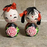Kokeshi Doll Bobble Heads Girls Pink Flower Carnation