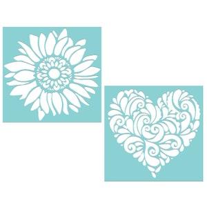 Set of 2 BOHO Adhesive Stencils, Sunflower and Mandala Heart Reusable Adhesive Silkscreen Transfer Stencils for Wood Signs, Canvas & More