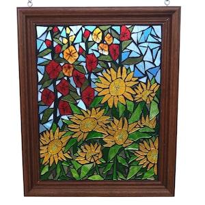 Sunflower Field with Hollyhocks Stained Glass Mosaic Hybrid Technique, Panel for Hanging in Window, Summer Yellow and Red Flowers