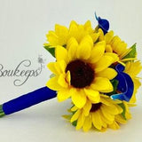Choose Calla Lily & Ribbon Color - Sunflower and Calla Lily Bouquet, Sunflower Bridal Bouquet, Royal Blue Calla Lily, Deep Blue, Wedding