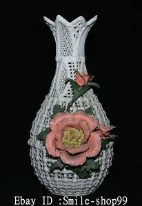 12.2" Old China Dehua Colored Porcelain Dynasty Hollow Peony Flower Bottle Vase