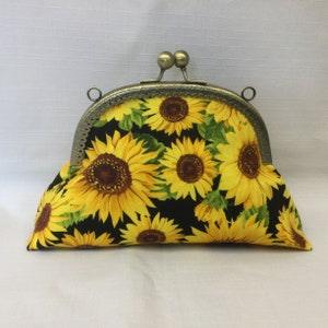 Sunflower Cosmetics Bag/Colorful Floral Clutch/Cosmetics Bag/Fabric Purse/Gold Metal Purse Frame with Ball Clasp