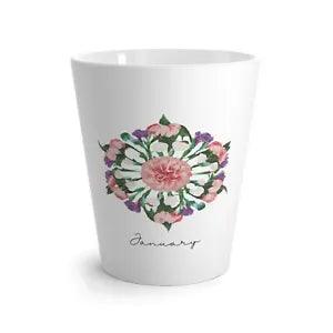 Latte Mug, 12oz, White, January Birth Flower Carnation Mandala, Coffee Lover