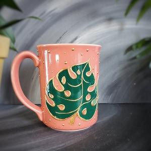 Hand painted plant lover mug - 8oz 250ml - Salmon pink - dishwasher safe cup
