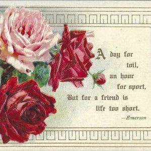 Bouquet of Roses and Emerson Quote Antique Postcard A Day For Toil - Beautifully Embossed - Suitable For Framing