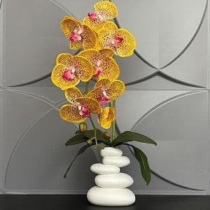 Artificial Yellow Orchid Phalaenopsis in Handmade Vase Real Touch Silk Flowers Branch Faux Plant for Indoor Fake arranging Centerpiece