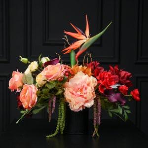 The Red Strelitzia | Real Touch Floral Arrangement, Artificial Flower Centerpiece in Vase, Silk Flower Centerpiece for Table Decor