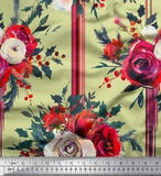 Soimoi Beige Velvet Fabric Holly Leaves & Ranunculus Floral Print-RLB