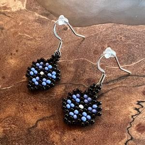 Black and Blue Beaded Flower Earrings
