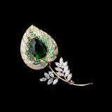 Gold Plated Green Clear CZ Cubic Zirconia Calla Lily Flower Leaf Brooch Pin