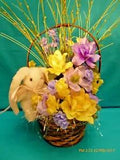 New EASTER BASKET Plush BUNNY Large Lilac Yellow Floral Arrangement CENTERPIECE