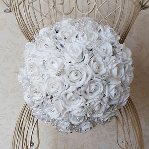 Rose Pearl & Crystal Diamante Bride Bouquet, Wedding Bouquet, Bridal Flowers,  Handmade - 3 sizes