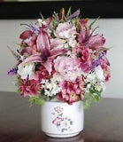 Vintage Floral Lidded Ceramic Bowl With Silk Pink Lily and Lilac Arrangement