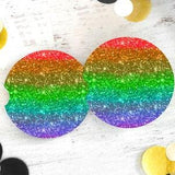 Rainbow Glitter Neoprene Car Coasters-Set of Two Car Coasters, Glitter Car Coasters, Coffee Coasters, Drink Coasters, Sunflower Coasters