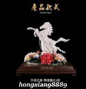 21.6" Old Dehua Color Porcelain 12 Zodiac Animal Horse Peony Flower Statue