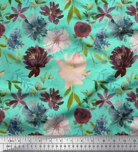 Soimoi Green Cotton Duck Fabric Leaves & Peony Floral Print Fabric-ceS