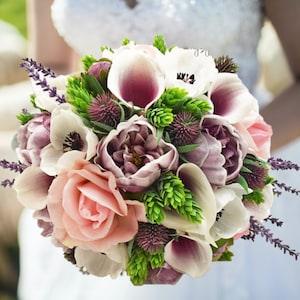 Bridal Bridesmaid Bouquet with Anemones Peonies Callas Roses - add Groom or Groomsman Boutonniere, Cake Flowers, Centerpieces, Flower Crown