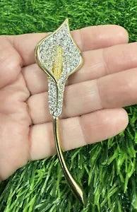 Vintage Large Gold Tone Calla Lily Brooch Pin W Clear Pave Rhinestones
