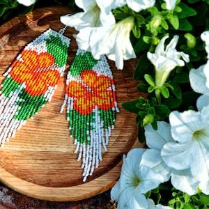 Orange Hibiscus flower beaded earrings Beadwork Glass Beads Aesthetic Green Witch Forest Ethnic  Slow fashion Fairy core Witchy things