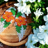 Orange Hibiscus flower beaded earrings Beadwork Glass Beads Aesthetic Green Witch Forest Ethnic  Slow fashion Fairy core Witchy things
