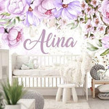 Personalized Peony Wallpaper for Nursery, Name Accent Floral Wall Mural New Born Girl, Watercolor Blossom Flower Adhesive Peel & Stick X116