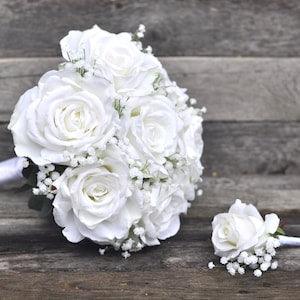 White Rose Bouquet Boho Bouquet White Bridal Bouquet Baby Breath Silk Wedding Flowers Wedding Bouquet Set Destination Wedding Artificial