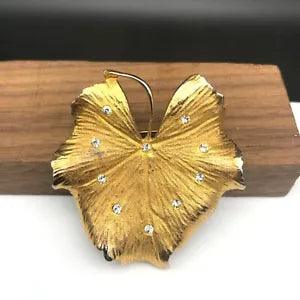 Vintage Coro Lily Pad Brooch, Brushed Gold Tone Botanical Pin Studded w Crystals